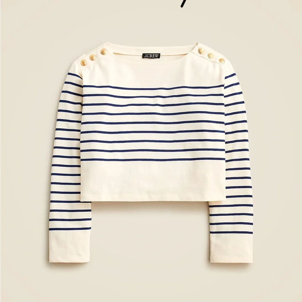 J.Crew Cropped Boatneck Mariner Stripe Tee w/ Gold Buttons - Picture 3 of 4